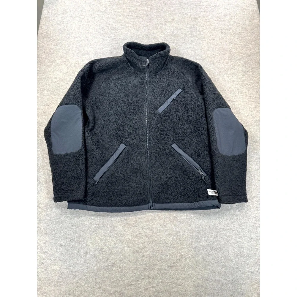 The North Face Mens XL Black Sherpa Fleece Jacket Full Zip High Neck Cinch Hem